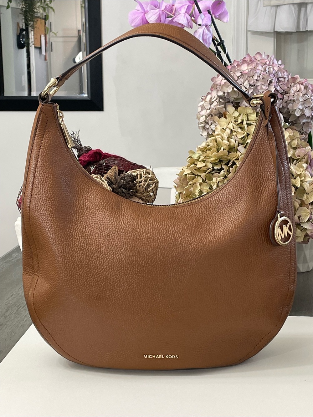 Michael Kors Brown Pebbled Leather Large Hobo Shoulder Bag Zip Top Gold Tone